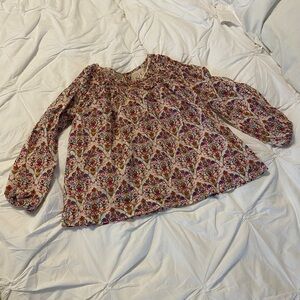 Peek Multicolored Batik Print Floral Smock Neck Flowy Blouse Size XL 10